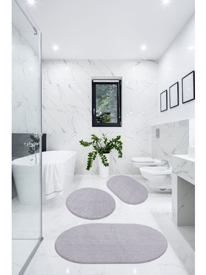 Handanca Puffy Yumuşak 3'lü Banyo Halısı Paspası Oval Peluş Klozet Takımı-Gri 60X100-40X60-60X60