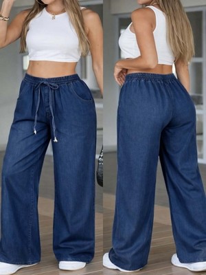 Efnaz Style Kadın Yüksek Bel Lastikli Bağcıklı Kot Pantolon
