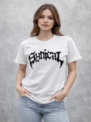Efnaz Style Bisiklet Yaka Ön Baskılı Kısa Kollu Tişört Streetwear Günlük Basic Pamuklu T-Shirt - Beyaz