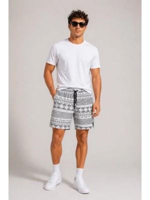 Efnaz Style Erkek Dokuma Etnik Desenli Şort Lastikli Bel Bağcıklı Cepli Yazlık Rahat - Gri