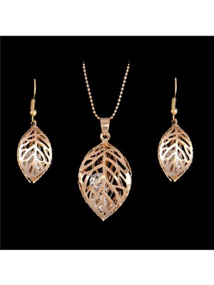 Tamgacrafts 3 Yapraklı Kafes Kristal Taşlı Kolye Küpe Set Takı Seti Altın Renk