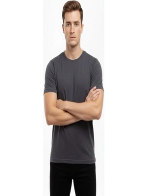 Efnaz Style Erkek T-Shirt Bisiklet Yaka Slim Fit Dar Kesim Likralı Tişört Günlük Basic Body - Füme