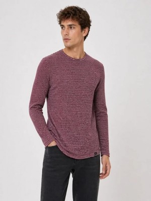 Efnaz Style Erkek Dokulu Çizgili Uzun Kollu Tişört Oval Kesim - Bordo