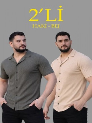 Efnaz Style Erkek Waffle Dokuma Açık Yakalı Düğmeli Regular Kalıp 2’li Gömlek Seti - Haki - Bej
