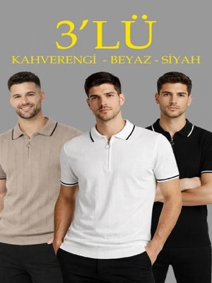 Efnaz Style Erkek 3’lü Paket Dokuma Triko  Fermuarlı Yakalı Fitilli Kısa Kollu Regular Fit Tişört - Kahverengi, Beyaz, Siyah