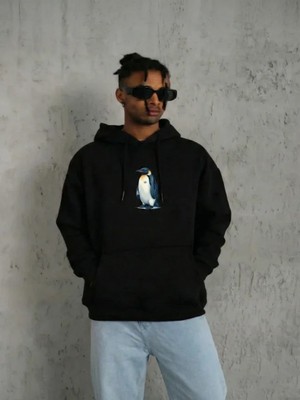 Efnaz Style Siyah Oversize Hoodie - Sırt Baskılı Survivor Penguin Temalı, Felsefi Yazılı Kapüşonlu Sweatshirt - Siyah