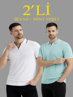 Efnaz Style Erkek 2’li Paket Triko Yakalı Düğmesiz Açık Yaka Fitilli Kısa Kollu Regular Fit Tişört - Beyaz - Mint Yeşili