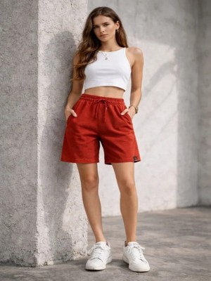 Efnaz Style Dokuma Otoban Şort Beli Lastikli Bağcıklı, Cepli, Rahat Kesim Günlük Yazlık Şort - Turuncu
