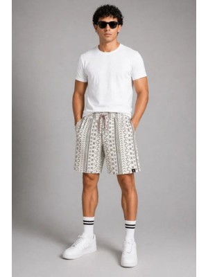 Efnaz Style Erkek Dokuma Şort Etnik Desenli Lastikli Bağcıklı Bel Cepli Yazlık Rahat - Bej
