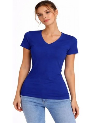 Efnaz Style T-Shirt V Yaka Slim Fit Likralı Tişört Günlük Basic Body - Indigo