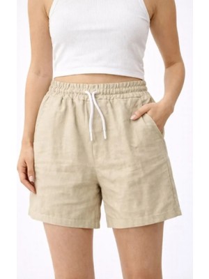 Efnaz Style Keten Kumaş Cepli Rahat Kesim Bel Lastikli Şort - Bej