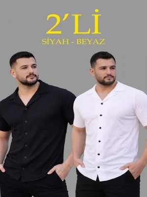 Efnaz Style Erkek Waffle Dokuma Açık Yakalı Düğmeli Regular Kalıp 2’li Gömlek Seti - Siyah - Beyaz