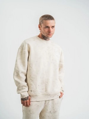Efnaz Style Erkek 3 Iplik Pamuklu Yağ Yıkamalı Sweatshirt Double Oversize Bisiklet Yaka Uzun Kol - Krem