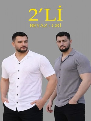 Efnaz Style Erkek Waffle Dokuma Açık Yakalı Düğmeli Regular Kalıp 2’li Gömlek Seti - Beyaz - Gri