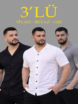 Efnaz Style Erkek Waffle Dokuma Açık Yakalı Düğmeli Regular Kalıp 3’lü Gömlek Seti - Siyah, Beyaz, Gri