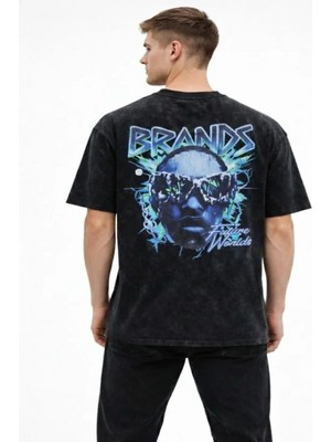 Efnaz Style Erkek Asit Yıkamalı Oversize Tişört Future Worlds Baskılı Bisiklet Yaka Kısa Kollu Streetwear %100 Pamuk Street Style T-Shirt - Siyah