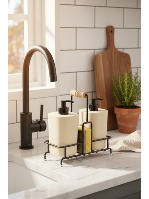 PremiumPort Metal Standlı Bej Begonya Banyo Seti, Çamaşır Suyu ve Sıvı Sabunluk ile