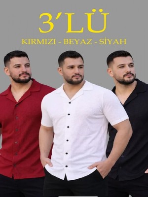Efnaz Style Erkek Waffle Dokuma Açık Yakalı Düğmeli Regular Kalıp 3’lü Gömlek Seti - Siyah, Kırmızı, Beyaz