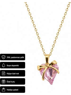 Herşey Nota Pembe Taşlı Kalp Kolye | 316L Paslanmaz Çelik Kadın Kolyesi Şık Hediye