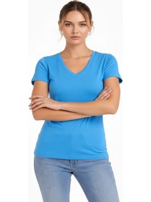 Efnaz Style T-Shirt V Yaka Slim Fit Likralı Tişört Günlük Basic Body - Açık Mavi