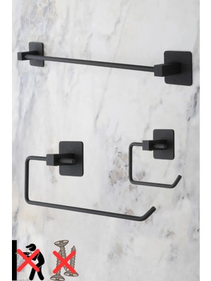 PremiumPort Siyah Kare Yapışkanlı Uzun Havluluk ve Kağıtlık Banyo Seti (3'lü)