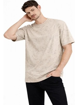 Efnaz Style Erkek Asit Yıkama Bisiklet Yaka Kısa Kollu Oversize T-Shirt Tişört - Bej
