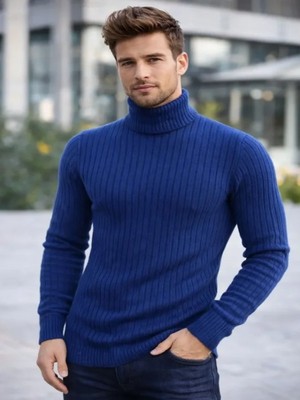Efnaz Style Erkek Balıkcı Yaka Bağazlı Triko Kazak Pamuklu Kalın Fitilli Dokuma, Regular Fit Uzun Kollu Kışlık Model - Indigo