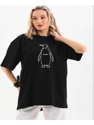 Efnaz Style Nihilist Penguen Özel Tasarım Oversize Bisiklet Yaka Tişört - Siyah
