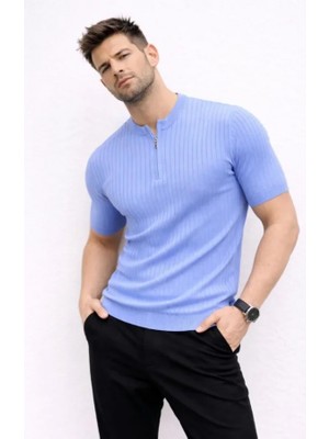 Efnaz Style Erkek Kısa Kol Fitilli Triko T-Shirt Yazlık Hakim Yaka Tişört - Bebek Mavisi