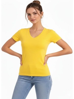 Efnaz Style T-Shirt V Yaka Slim Fit Likralı Tişört Günlük Basic Body - Sarı