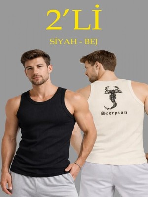 Efnaz Style Erkek Spor Fitilli Atlet 2li Set Siyah ve Bej Slim Fit Kaşkorse Arka Baskılı Spor Atlet