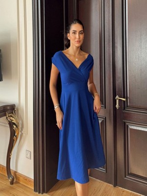Efnaz Style Kadın Kısa Kollu Kruvaze Yaka Eteği Volanlı Krep Elbise