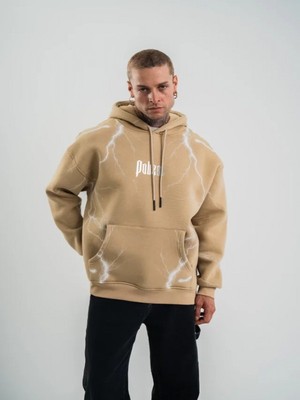 Efnaz Style Erkek Şimşek Baskılı Kapşonlu Sweatshirt Üç Iplik Pamuklu Kanguru Cepli Double Oversize Hoodie - Bej