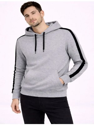 Efnaz Style Erkek Şeritli Kapüşonlu Sweatshirt Oversize 3 Iplik Pamuklu - Gri