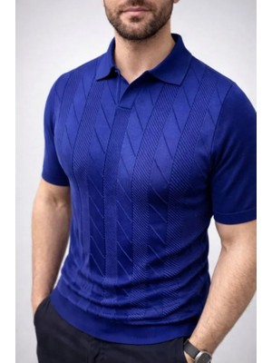 Efnaz Style Erkek Yazlık Triko Dokuma Tişört Kısa Kol Polo Yaka T-Shirt - Lacivert