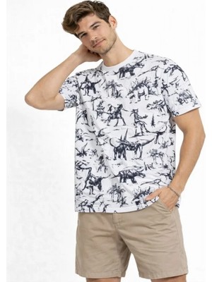 Efnaz Style Erkek Beyaz Dinozor Desenli Tişört – Regular Fit, Bisiklet Yaka, Dijital Baskılı Pamuklu T-Shirt - Beyaz