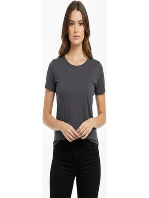 Efnaz Style T-Shirt Bisiklet Yaka Slim Fit Likralı Tişört Günlük Basic Body - Füme