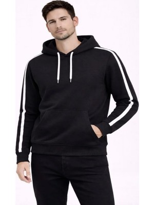 Efnaz Style Erkek Şeritli Kapüşonlu Sweatshirt Oversize 3 Iplik Pamuklu - Siyah