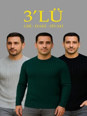 Efnaz Style Erkek Fitilli Triko Kazak 3lü Set Gri Haki Siyah Regular Fit Bisiklet Yaka Triko Seti Modeli Kazak