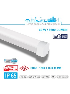 Teletek LED Etanj 60W Acil Durum Kitli Aydınlatma - Otopark, Depo ve Garaj Tipi - Su Geçirmez Tavan Lambası