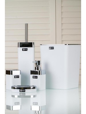 PremiumPort Şık Aria Kare Gümüş Çerçeve Akrilik Banyo Seti, 5'li, Beyaz