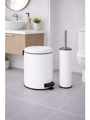 PremiumPort Beyaz 2'li Banyo Seti: Metal Çöp Kovası ve Wc Fırçası Takımı