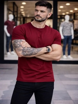 Efnaz Style Erkek T-Shirt Bisiklet Yaka Slim Fit Dar Kesim Likralı Tişört Günlük Basic Body - Bordo