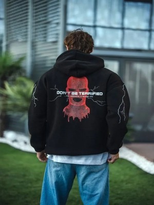 Efnaz Style Üç Iplik Kapüşonlu Baskılı Oversize Sweatshirt- Siyah