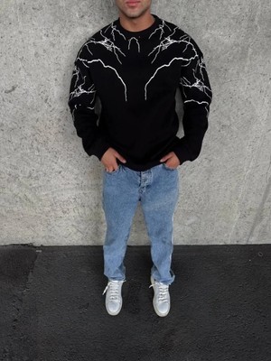 Efnaz Style Yıldırım Baskılı Bisiklet Yaka Sweatshirt - Siyah