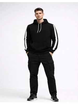 Efnaz Style Erkek Şeritli Kapüşonlu Sweatshirt Oversize 3 Iplik Pamuklu - Siyah