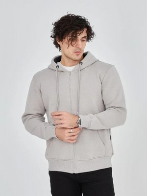 Efnaz Style Unisex Tam Fermuarlı Kapşonlu  Sweatshirt - Boyalı Gri