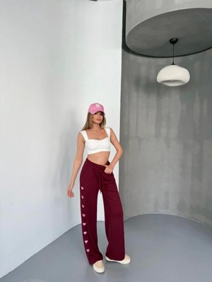 Efnaz Style Osy Modal Yumuşak Dokulu Kumaş Nakış Işlemeli Rahat Bol Paça Eşofman Pantalon - Bordo