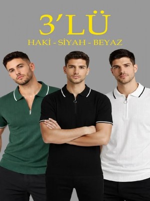 Efnaz Style Erkek 3’lü Paket Dokuma Triko  Fermuarlı Yakalı Fitilli Kısa Kollu Regular Fit Tişört - Beyaz, Haki, Siyah