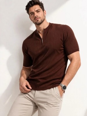 Efnaz Style Erkek Kısa Kol Fitilli Triko T-Shirt Yazlık Hakim Yaka Tişört - Kahverengi